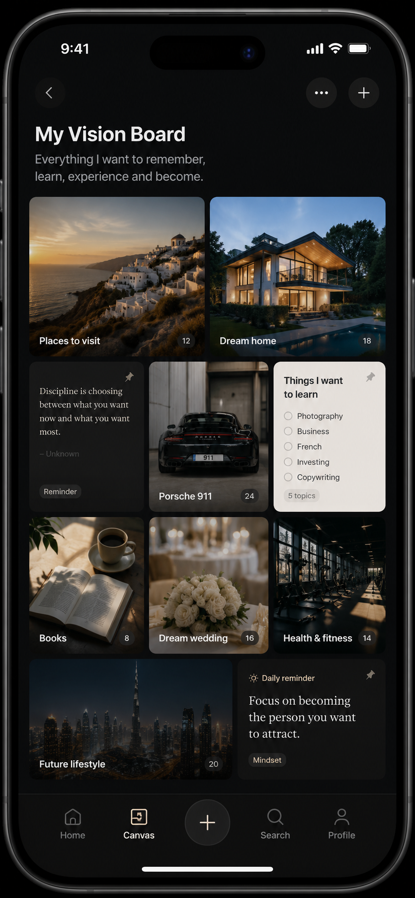 Living Canvas on iPhone: one private space holding a vision board, a dream home, places to visit, books and things to learn
