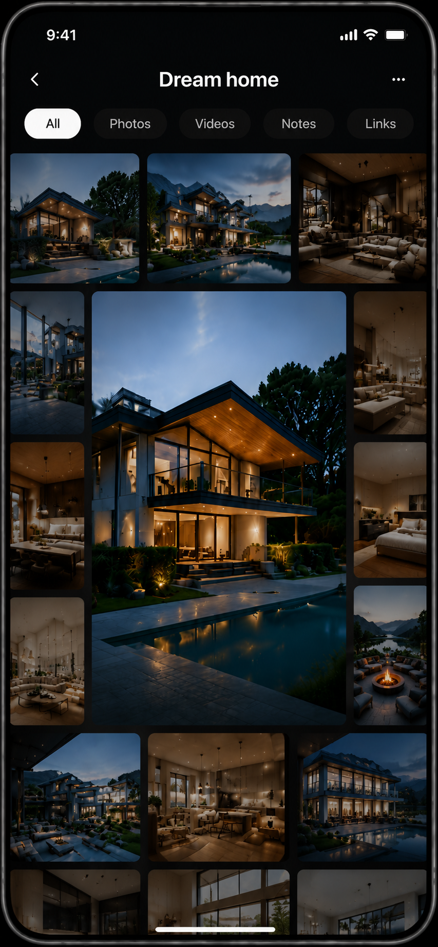 One space inside Living Canvas on iPhone, collecting photos, videos, notes and links about a dream home
